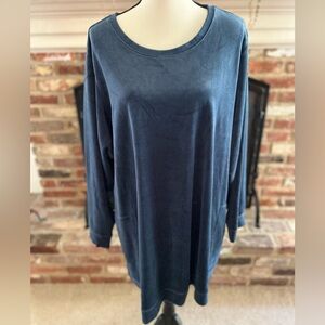 Denim & Co. Velour Tunic Top- Blue Sz 3X Pull On, Pockets, A390299 Women New